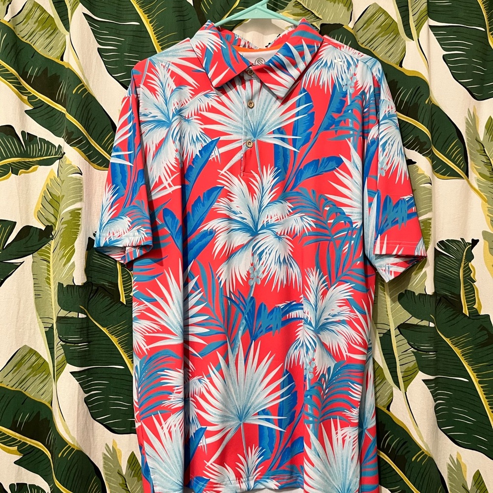 Scales Coral Red and Blue Polo Shirt Vibrant Tropical Design